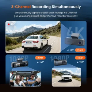 70mai 4K T800E 3-Channel Dash Cam Front Rear Interior 3 in 1 Voice Control Support 24hours Parking Supercapacitor GPS 4K Car DVR