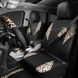 Leopard Print Faux Leather Car Seat Covers Car Mats Steering Wheel Cover and Seat Belt Pad Set with Universal Fit for SUVs Vans