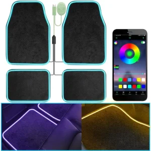 Car Floor Mats With Led Strip Light, Universal Fit Black Automotive Carpet, App Control Interior Car Lights Floor Mats, AntiSlip